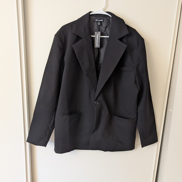 PrettyLittleThing Womens 2 Black Boxy Oversized Dad Blazer Jacket NWT Party - Picture 1 of 8